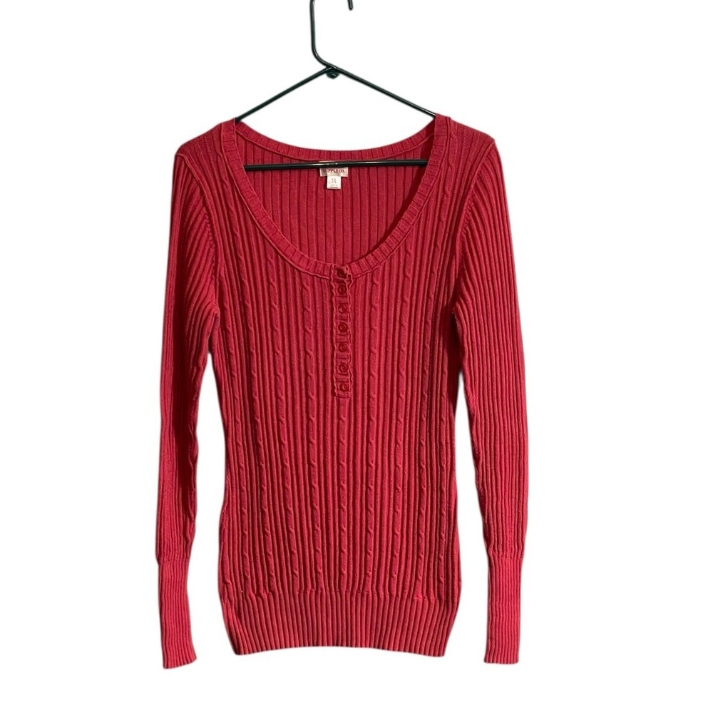 Mossimo Y2K Large Red Henley Fitted Ribbed Sweater Long Sleeve Shirt Grunge Vtg